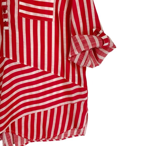 stripped red& white  blouse top V-neck chest pockets  3/4 sleeve size large - Picture 11 of 12